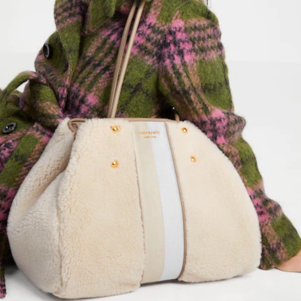Kate Spade Everything Racing Stripe Faux Shearling Large Tote Cream Multi